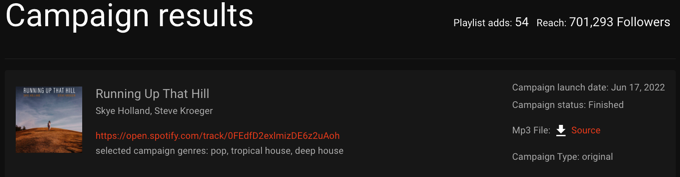 Running Up That Hill - Campaign Results: 54 playlist adds, 701,293 follower reach